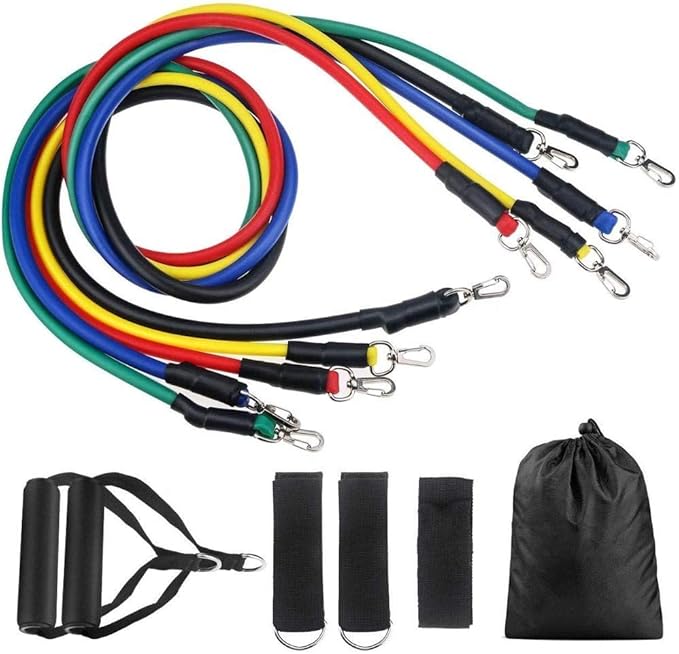 Set of resistance bands in various colors with attachments on a white background