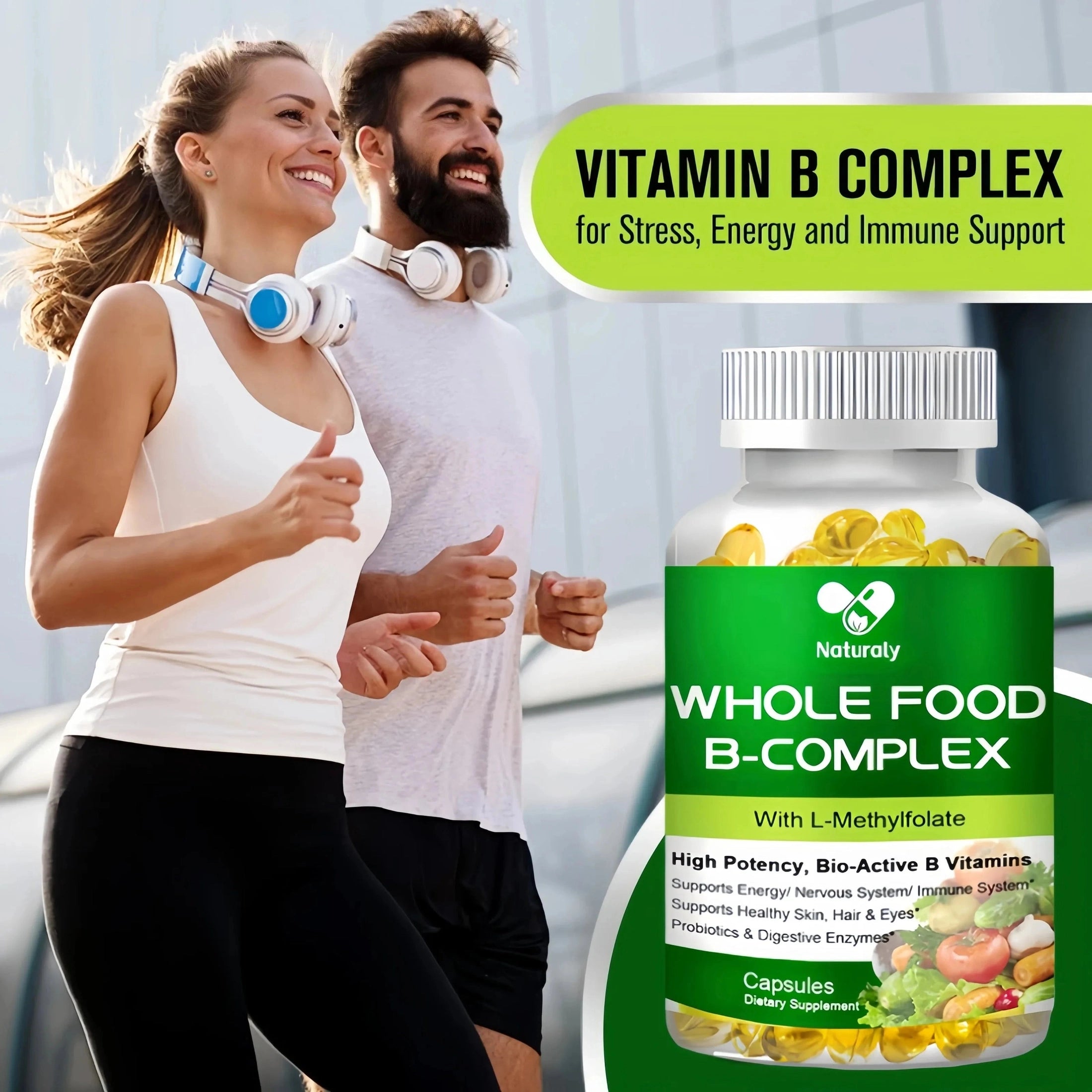 Two people jogging with a bottle of Whole Food B-Complex vitamins in the foreground.