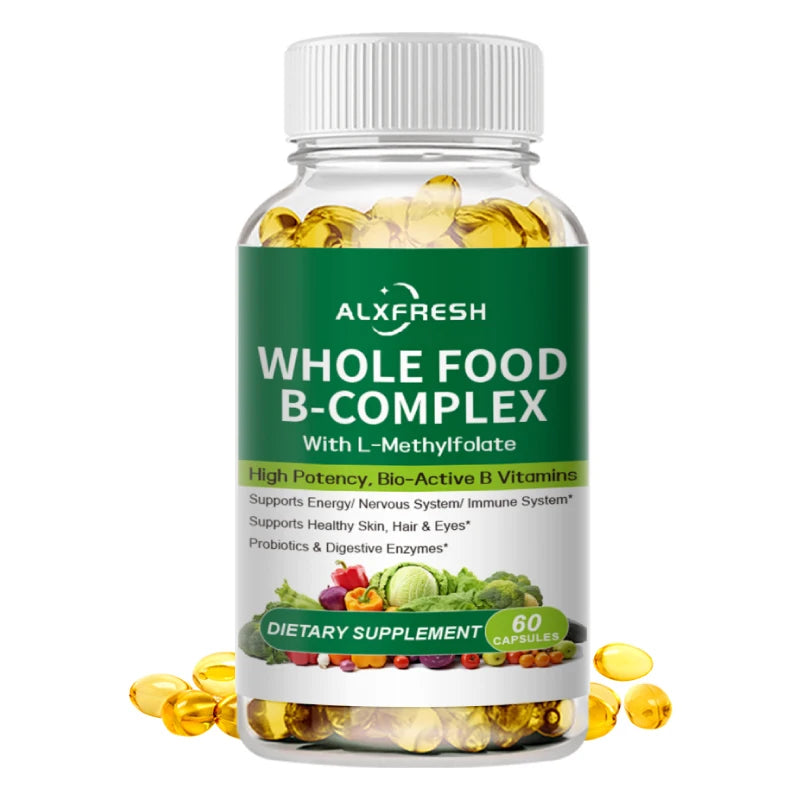 Bottle of ALXFresh Whole Food B-Complex dietary supplement with capsules on a white background