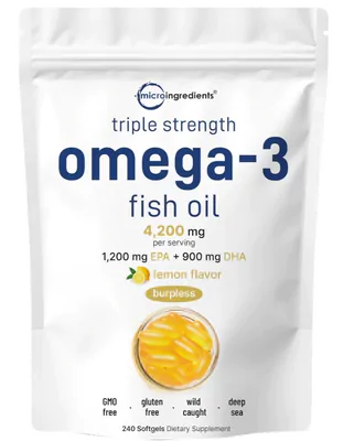 Package of triple strength omega-3 fish oil with lemon flavor on a white background