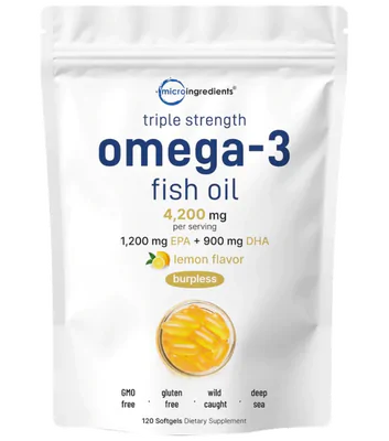 Package of triple strength omega-3 fish oil with lemon flavor on a white background