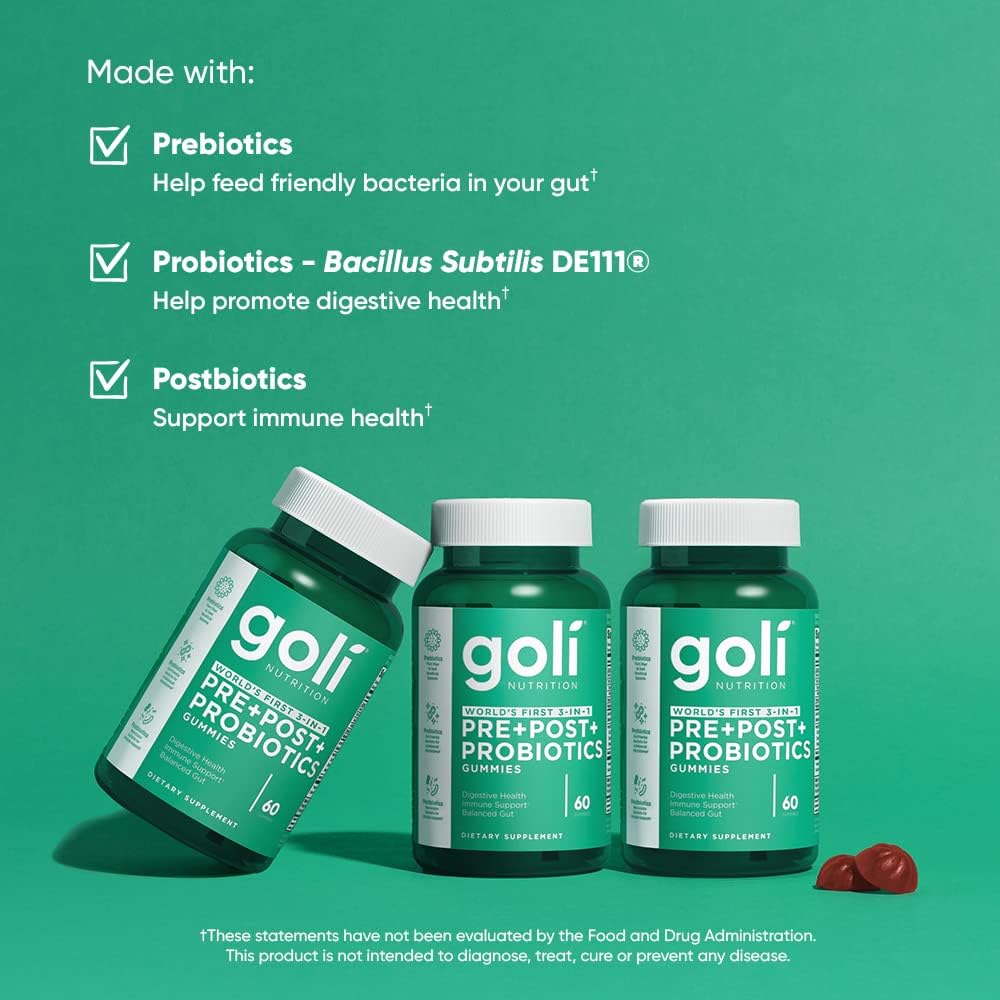 Three green goli pre+post+probiotics bottles on a green background with text about the benefits of prebiotics, probiotics, and postbiotics.