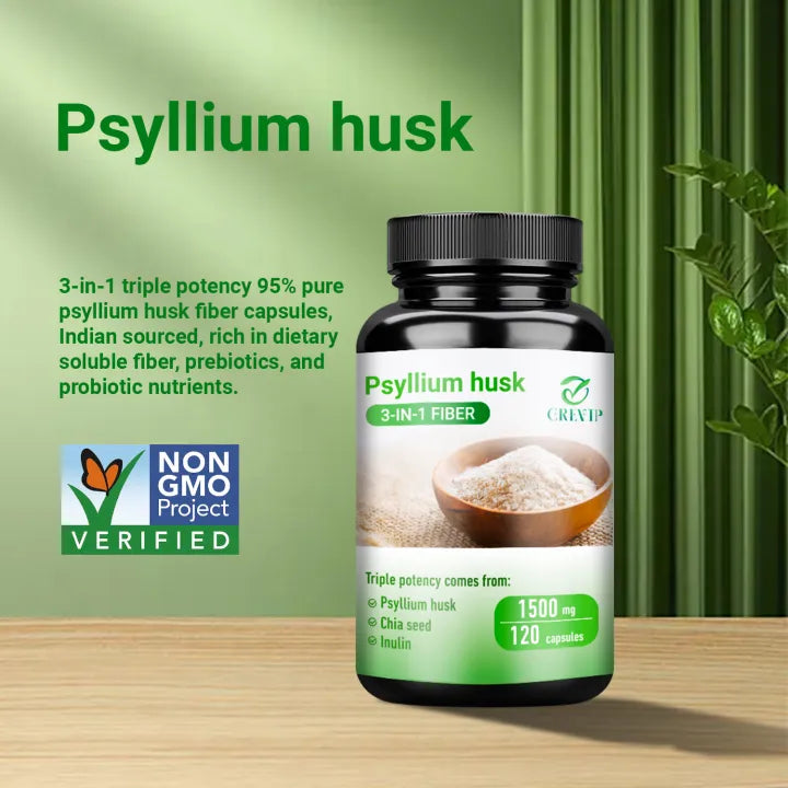 Psyllium husk supplement bottle with green background and text