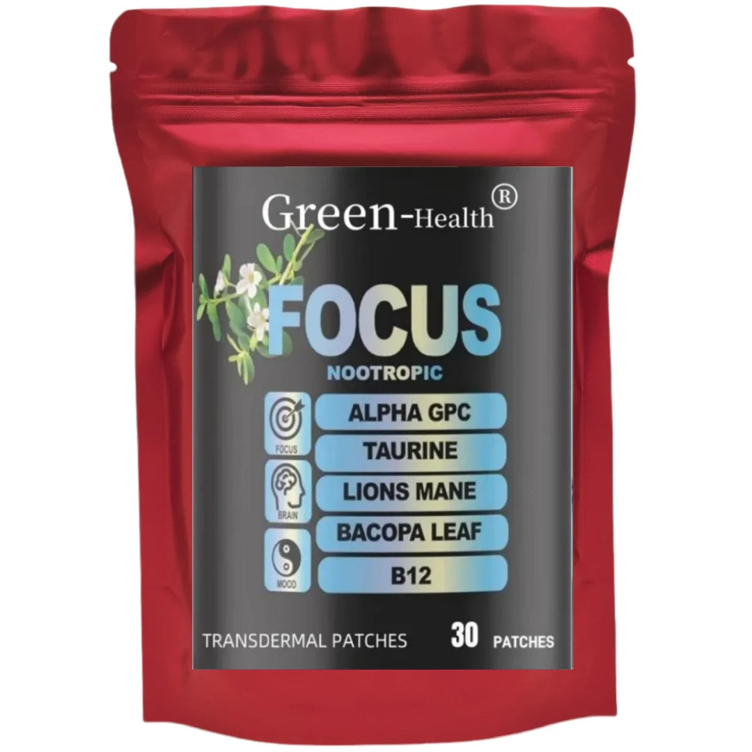 Red package of Green-Health Focus Nootropic with ingredients listed on a white background