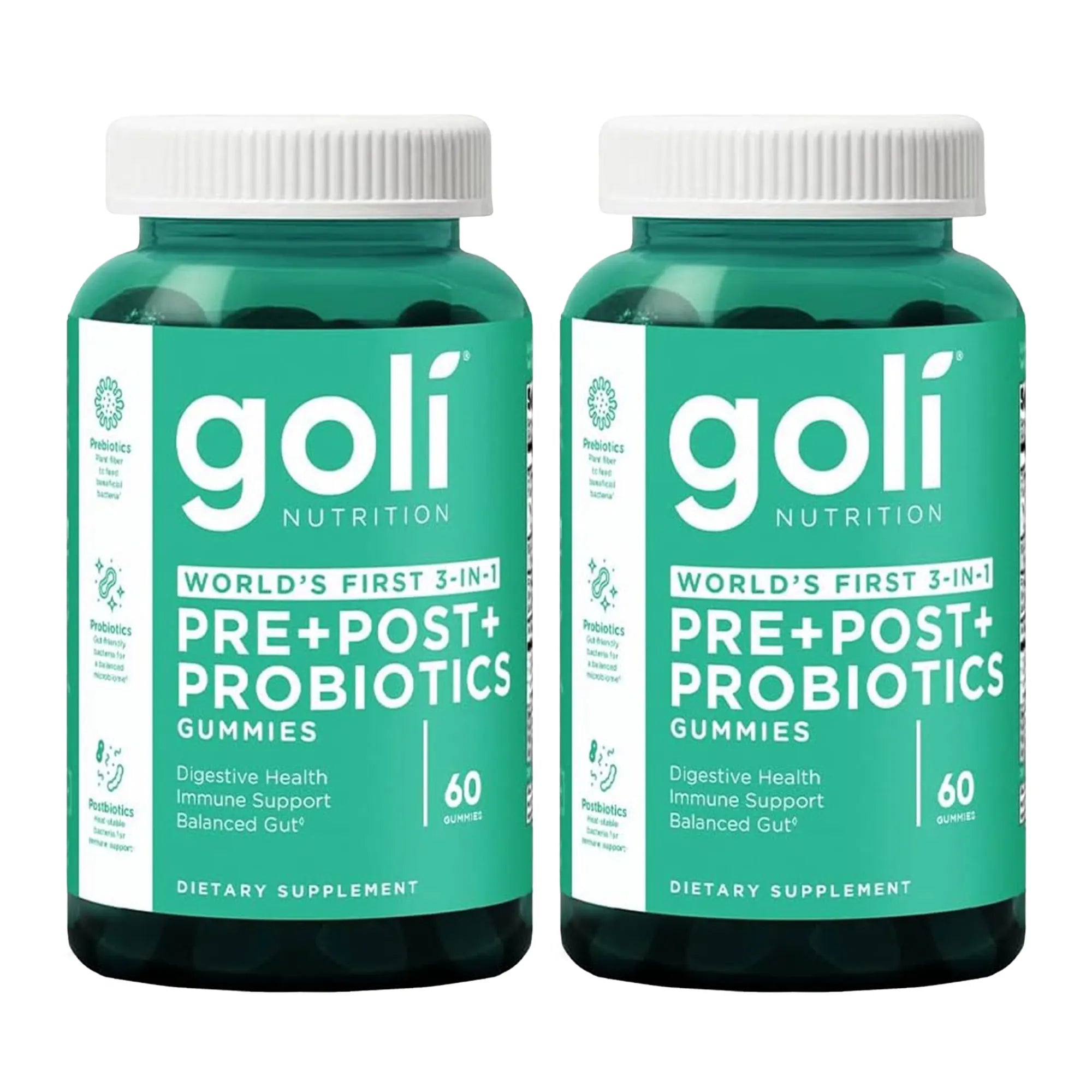 Two bottles of goli Nutrition pre+post+probiotics gummies on a white background