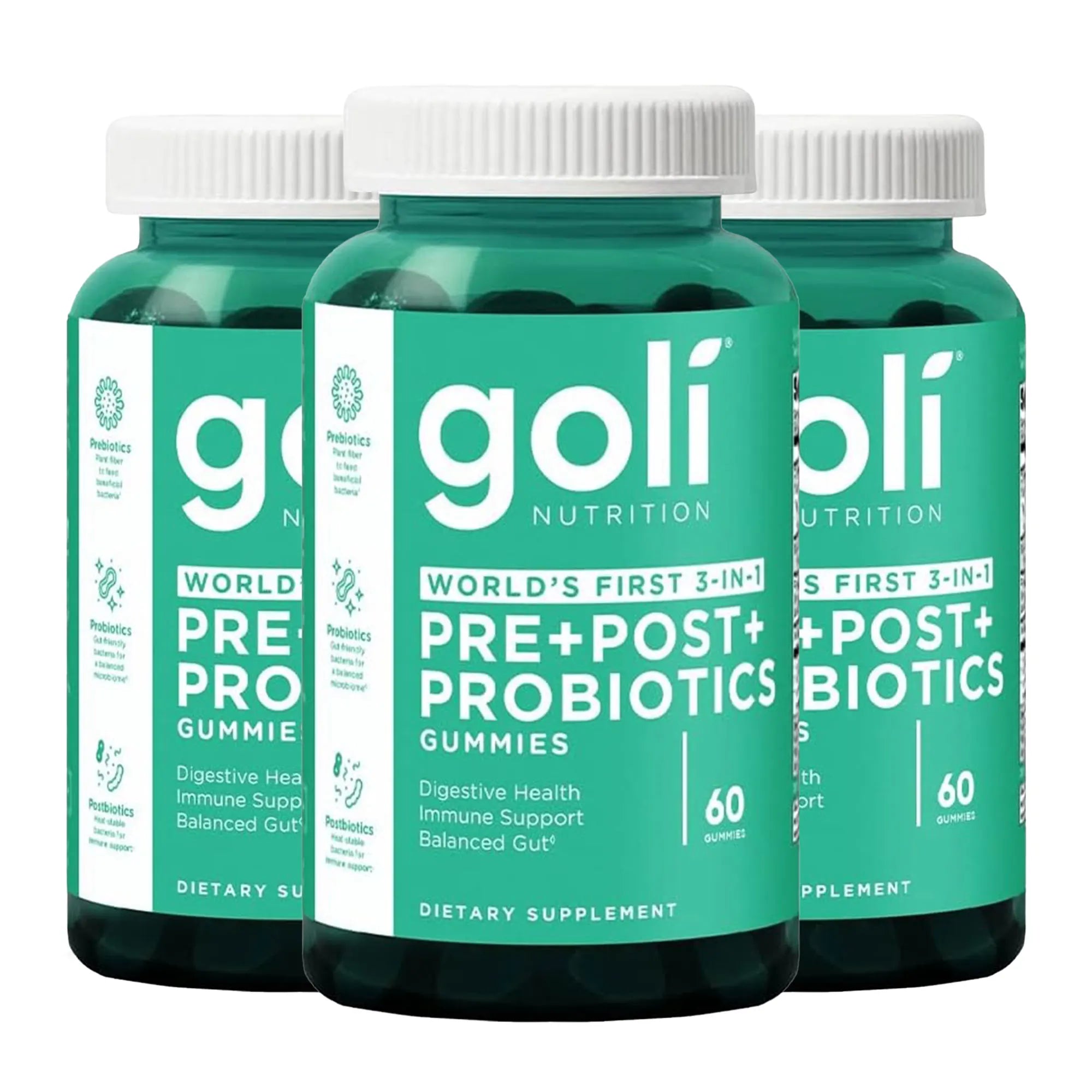 Three bottles of Goli Nutrition pre+post+probiotics gummies on a white background