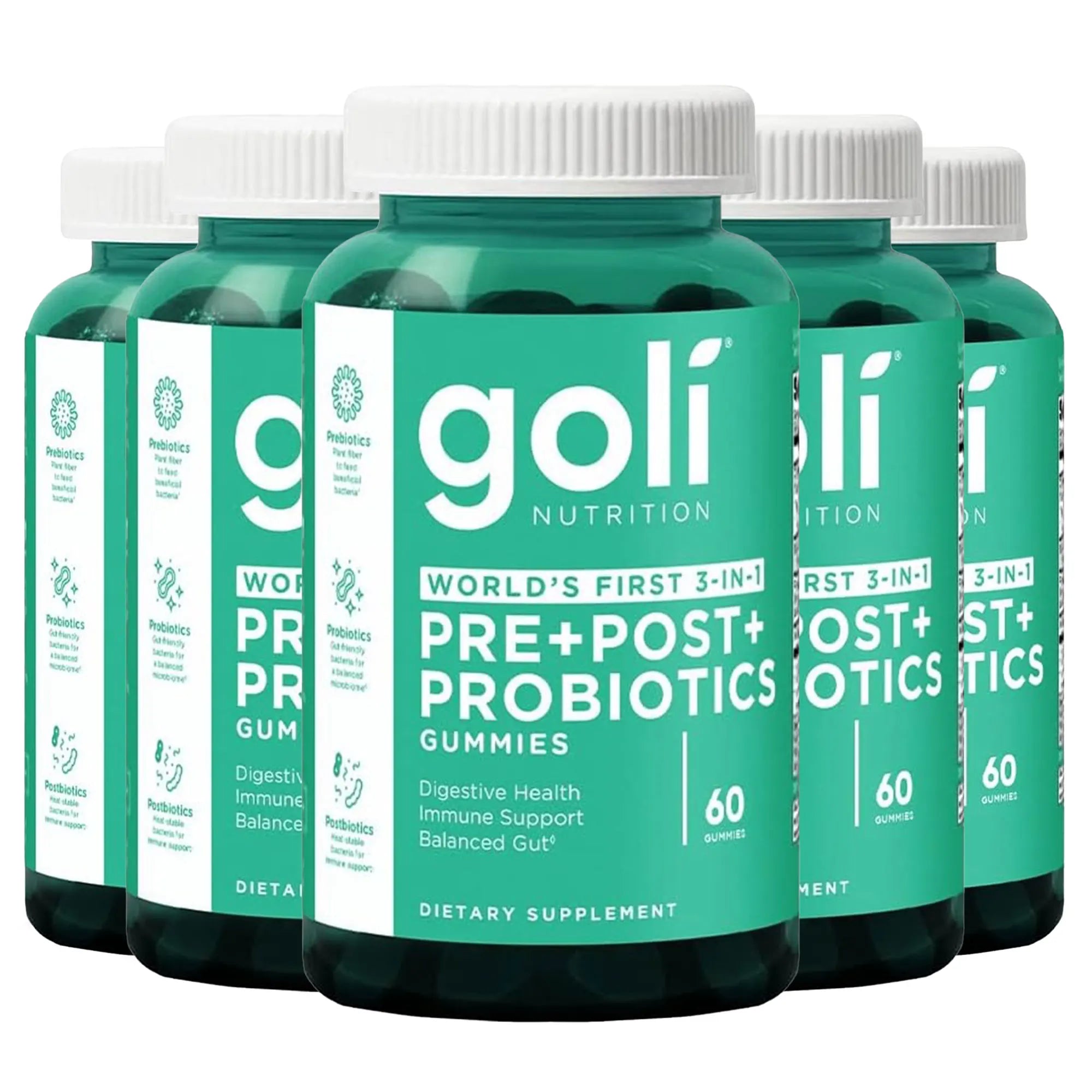 Multiple bottles of Goli Nutrition probiotic gummies on a white background