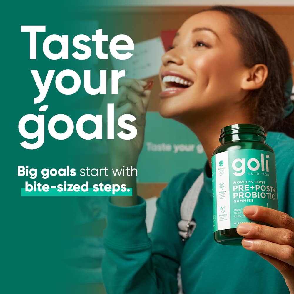 Person holding a bottle of Goli Nutrition products with text 'Taste your goals' and 'Big goals start with bite-sized steps.'
