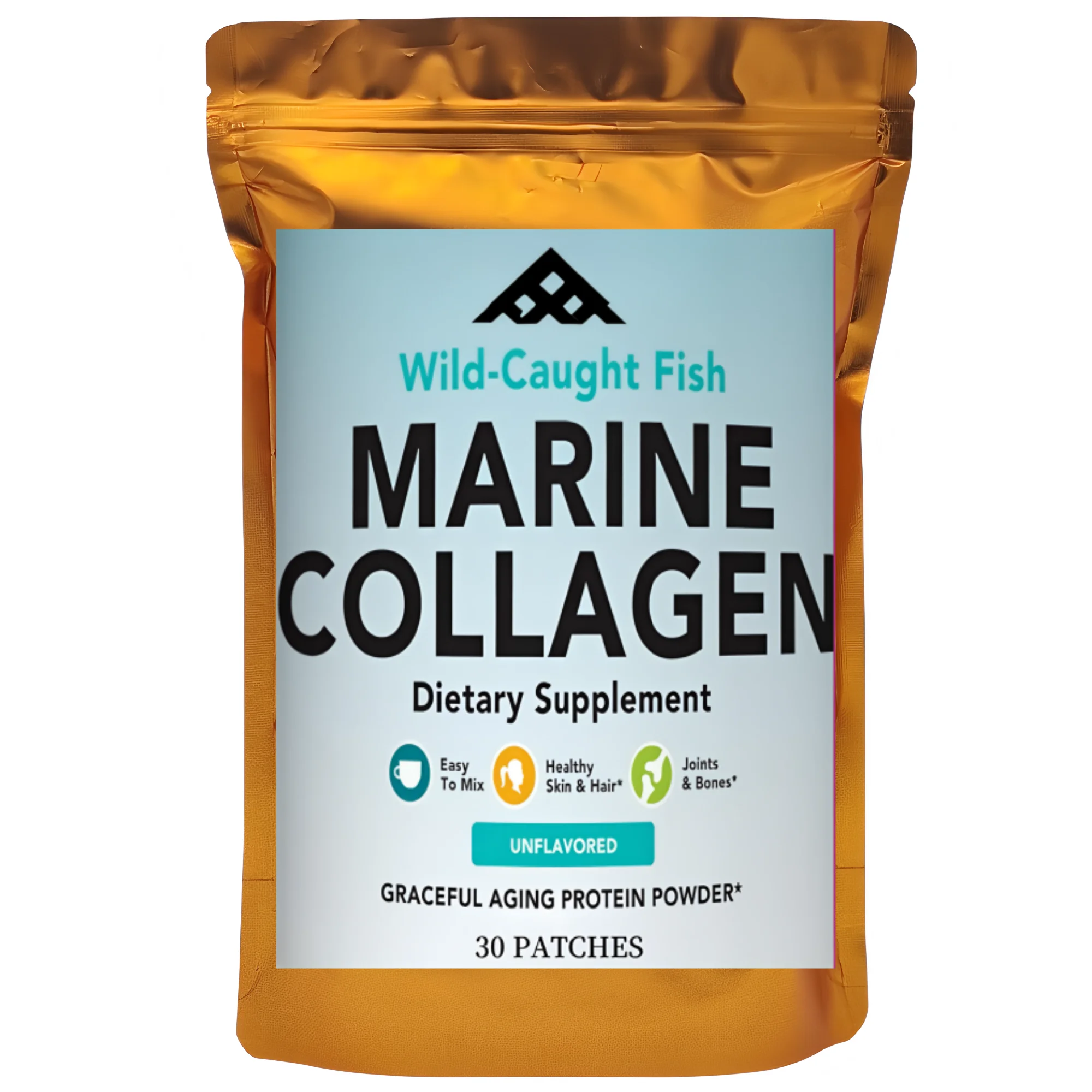 Marine collagen dietary supplement package with gold packaging and white label.