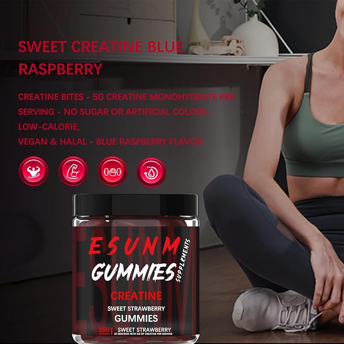 Esunm Gummies creatine supplement with a person in workout attire in the background