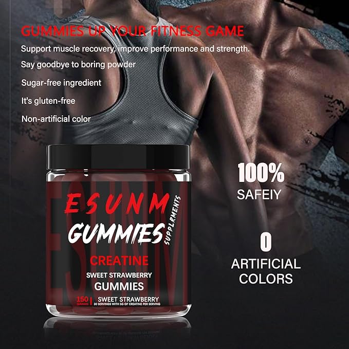 Esunm Gummies supplement jar with a muscular person in the background