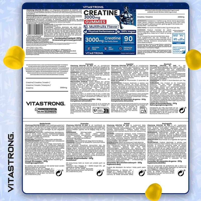 VitaStrong Creatine supplement label on a light blue background with yellow corners.