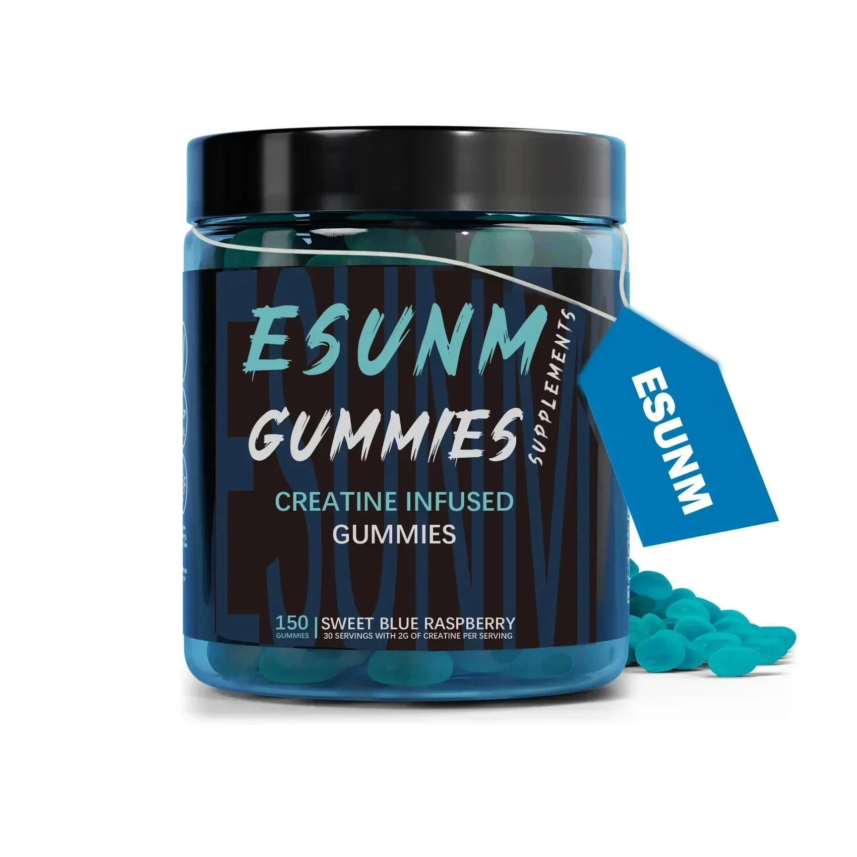 Jar of ESUNM Gummies with blue gummies on a white background