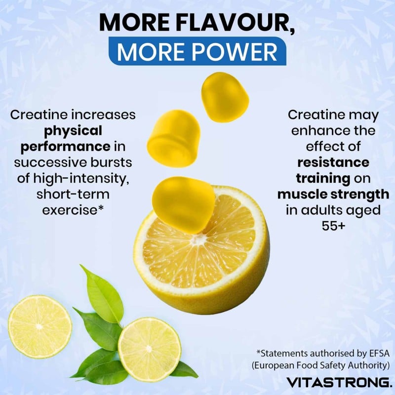 Lemons with text about creatine's effects on physical performance and muscle strength, branded as VITA STRONG.