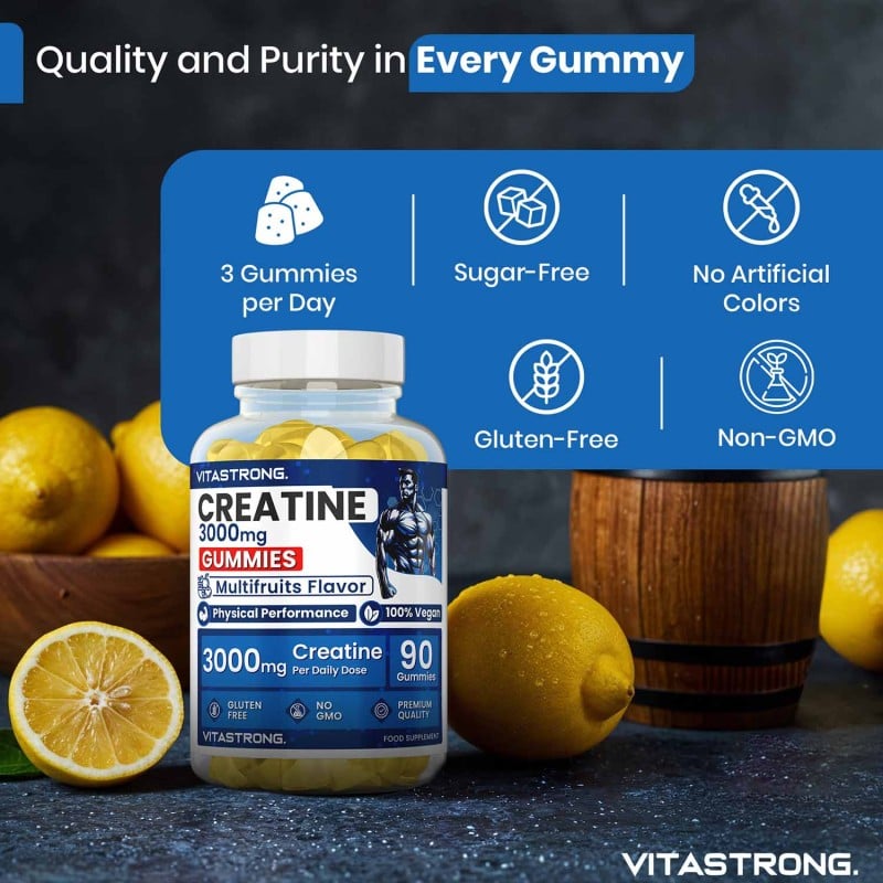 VitaStrong Creatine gummies packaging with lemons and a barrel in the background
