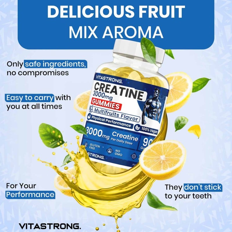 Vitastrong Creatine Gummies bottle with lemon slices on a light blue background