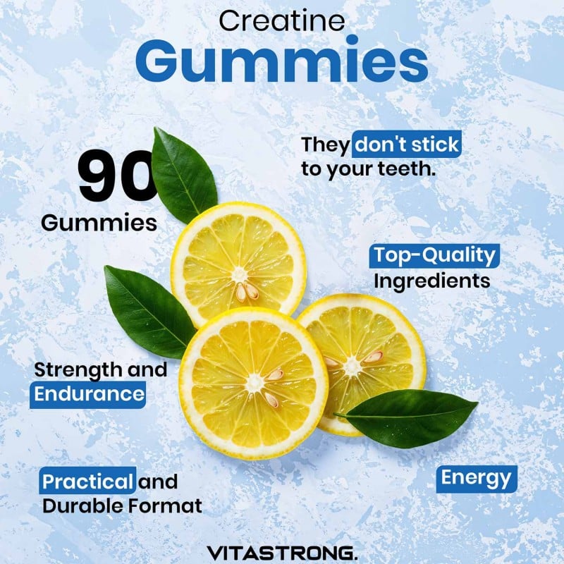 Vitastrong creatine gummies advertisement with lemons and text on a light blue background