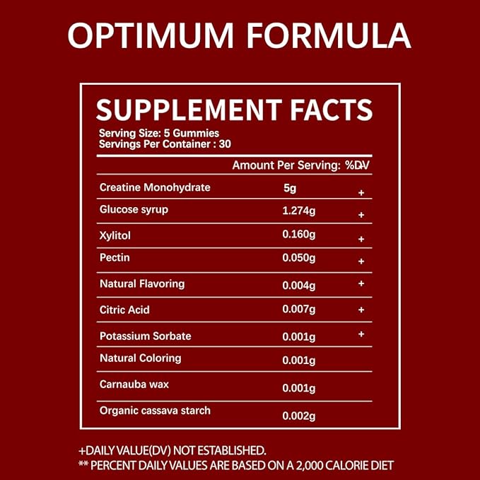 Supplement facts label for 'Optimum Formula' on a red background