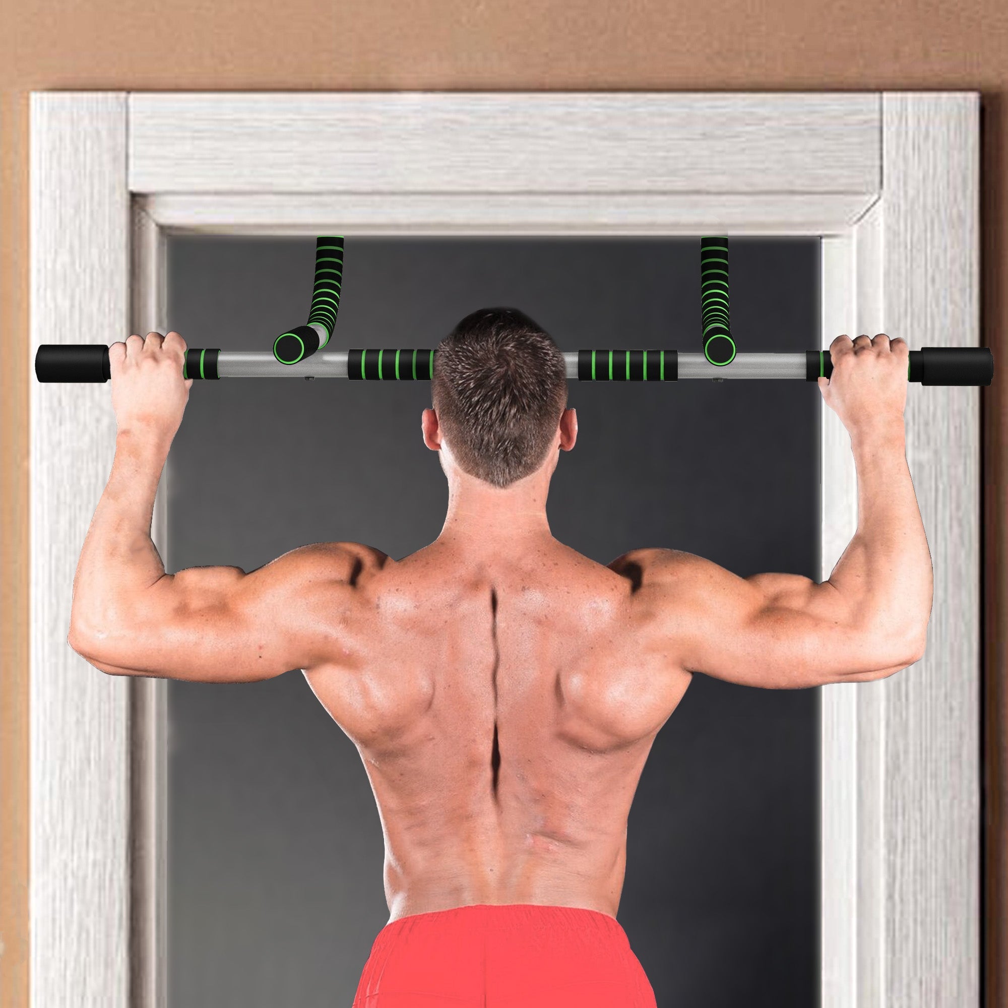 Person using a pull-up bar attached to a door frame.