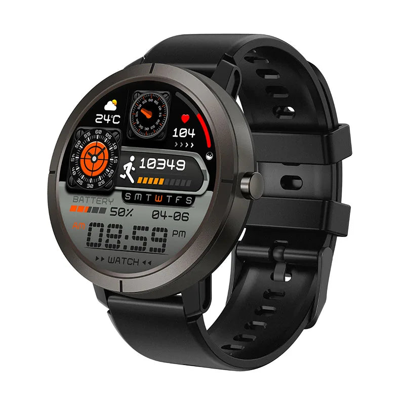 Black smartwatch with a digital display on a white background