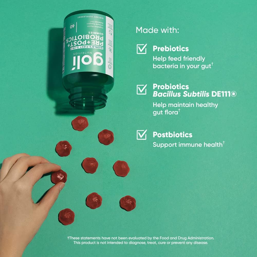 Bottle of Probiotics with red capsules on a green background
