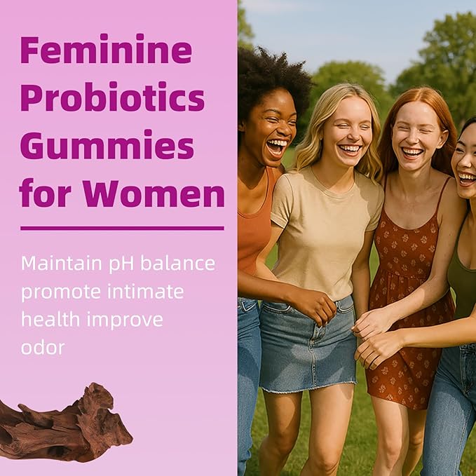 Advertisement for feminine probiotics gummies with a group of women laughing outdoors on a pink background.