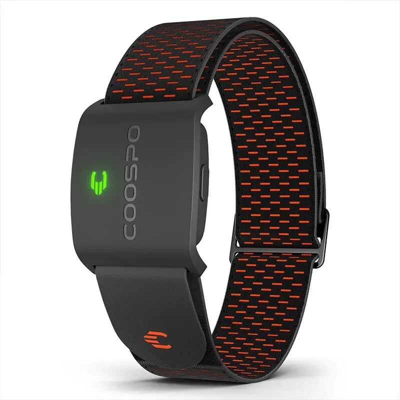 Black and orange fitness tracker with Coospo branding on a white background