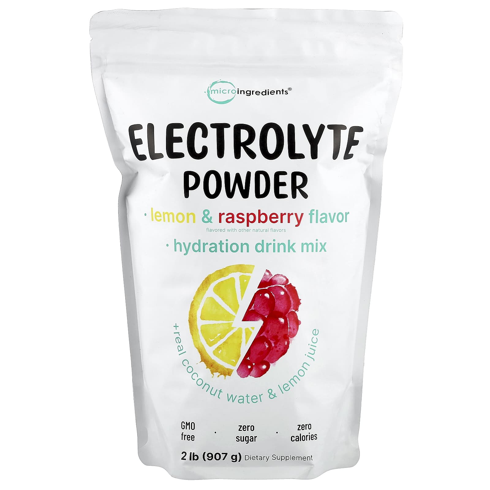 Electrolyte powder package with lemon and raspberry flavor on a white background