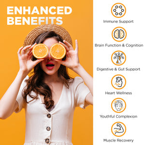 Woman holding orange slices to her eyes with health benefits listed on an orange background