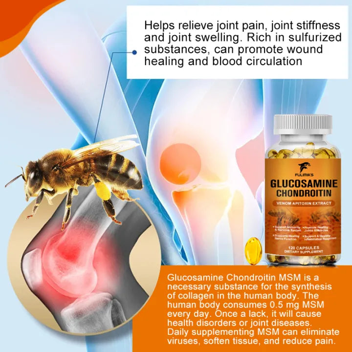 Glucosamine Chondroitin MSM supplement bottle with a bee and joint pain illustration on a colorful background.