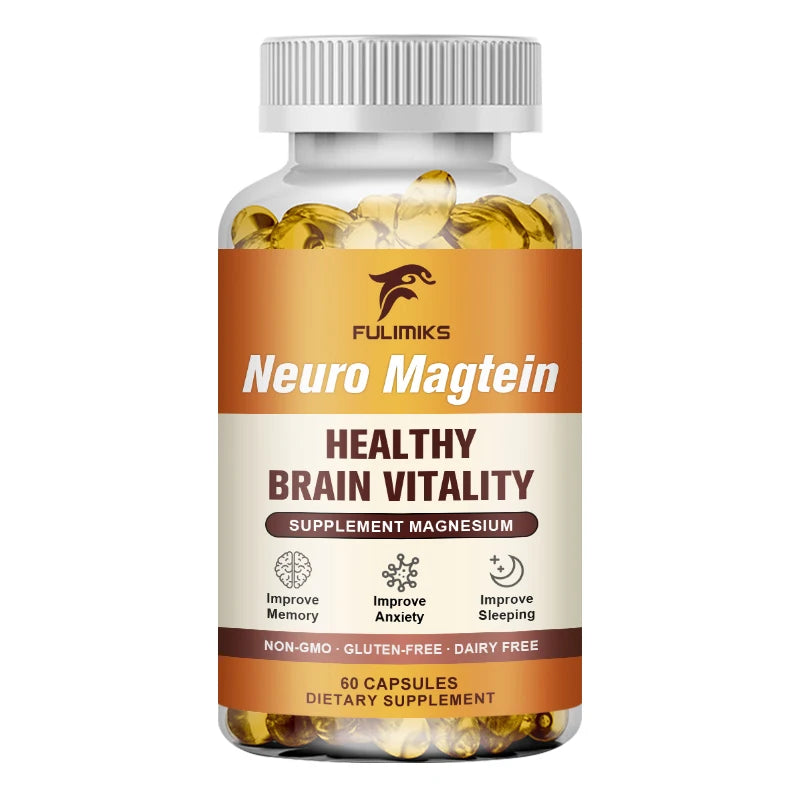 Bottle of Fulmiks Neuro Magtein supplement with yellow capsules on a white background