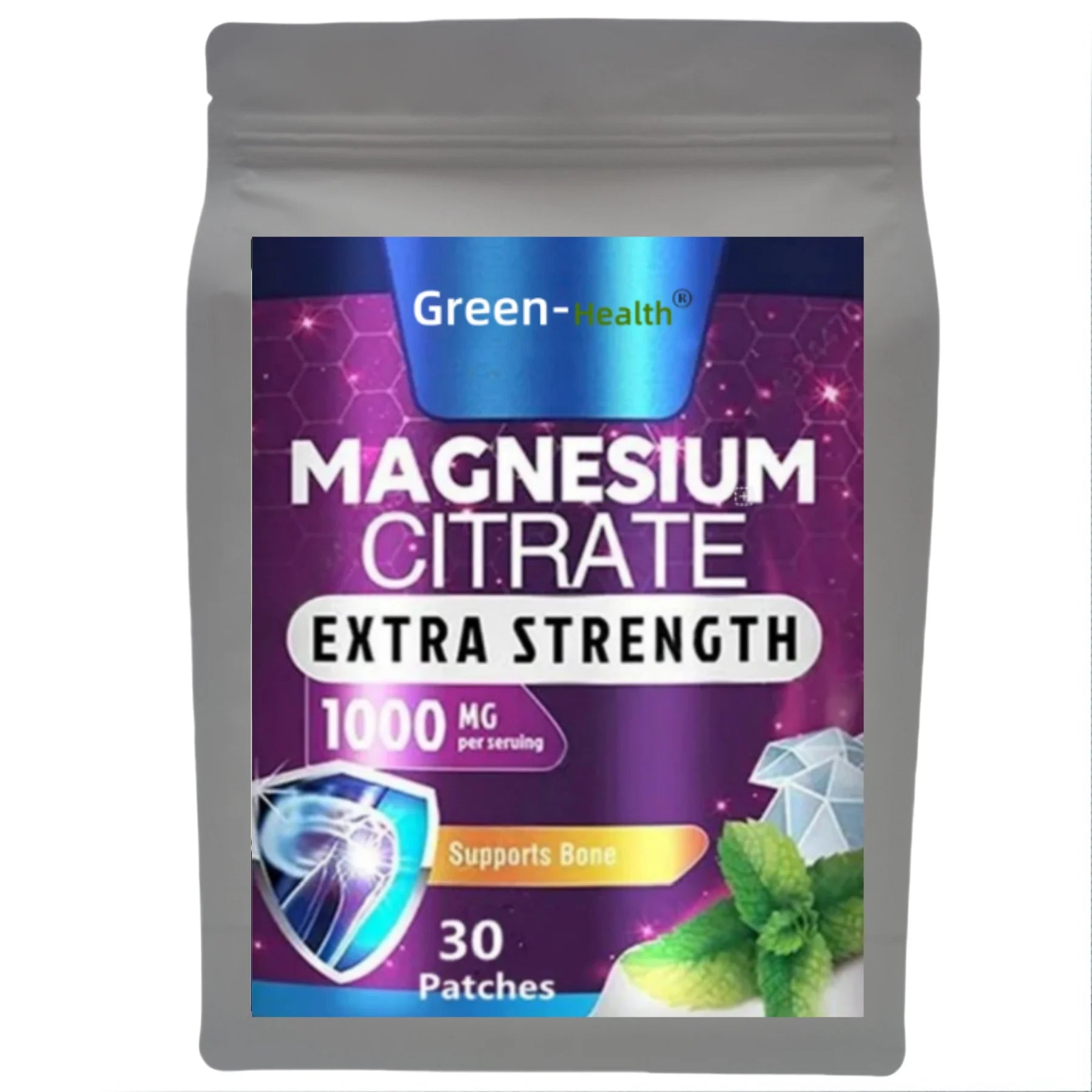 Packaging of Green Health Magnesium Citrate Extra Strength on a white background