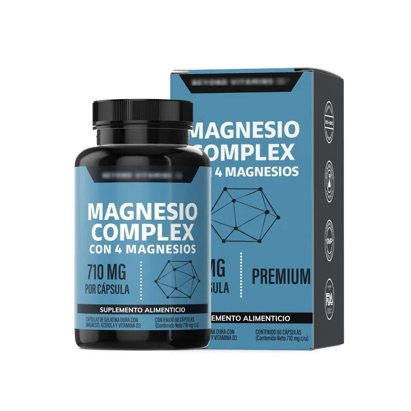 Supplement bottle and packaging of Magnesio Complex on a white background