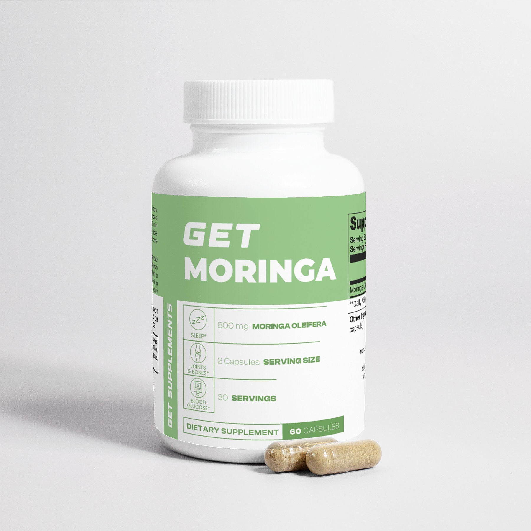 Supplement bottle labeled 'GET MORINGA' with capsules on a light gray background