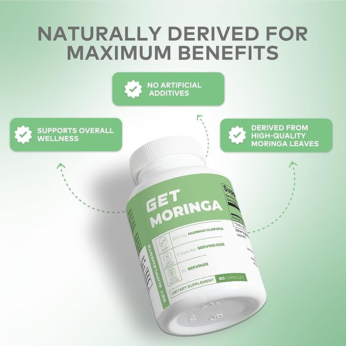Supplement bottle labeled 'GET MORINGA' with text highlighting natural benefits on a light green background