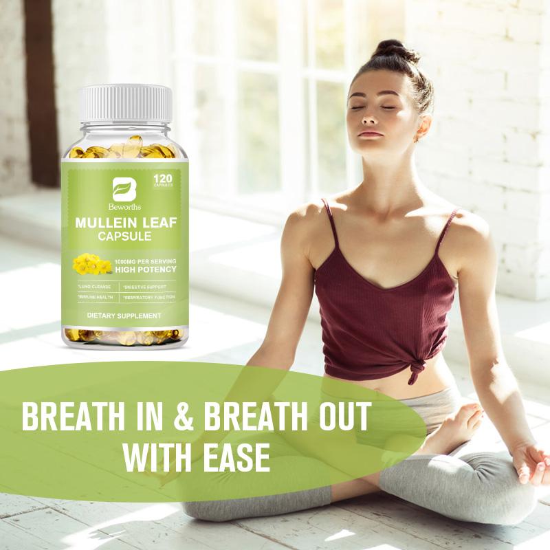 Woman meditating with a bottle of Mullein Leaf Capsules on a light background