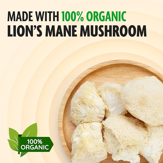 Lion's mane mushroom on a wooden plate with '100% Organic' label