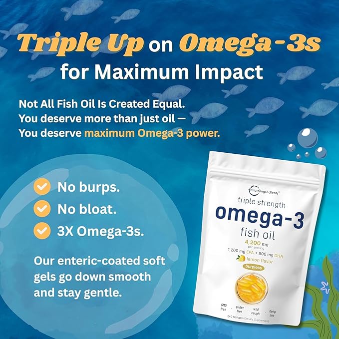 Advertisement for omega-3 fish oil with a blue background and fish illustrations.