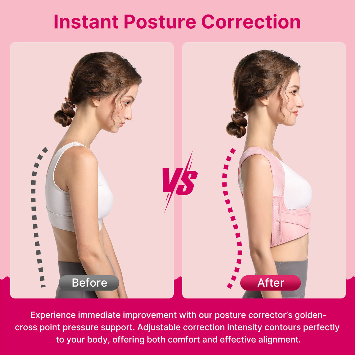 Before and after comparison of a woman wearing a posture corrector on a pink background.
