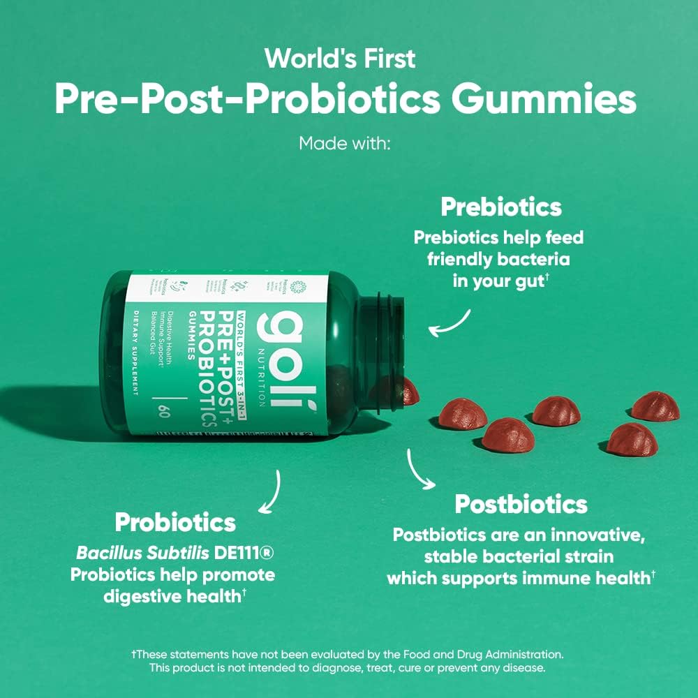Goli pre-post-probiotics gummies bottle with text on a green background