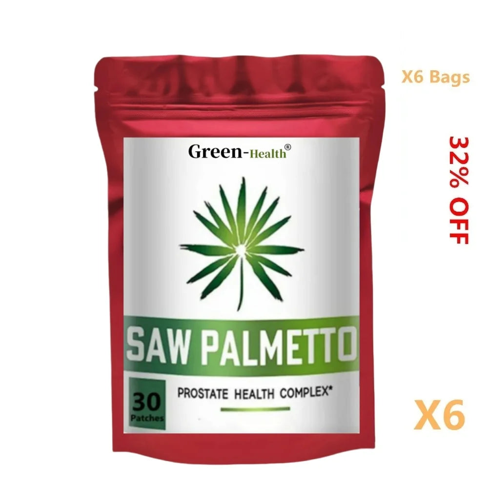 Red package of Green-Health Saw Palmetto with promotional text on a white background