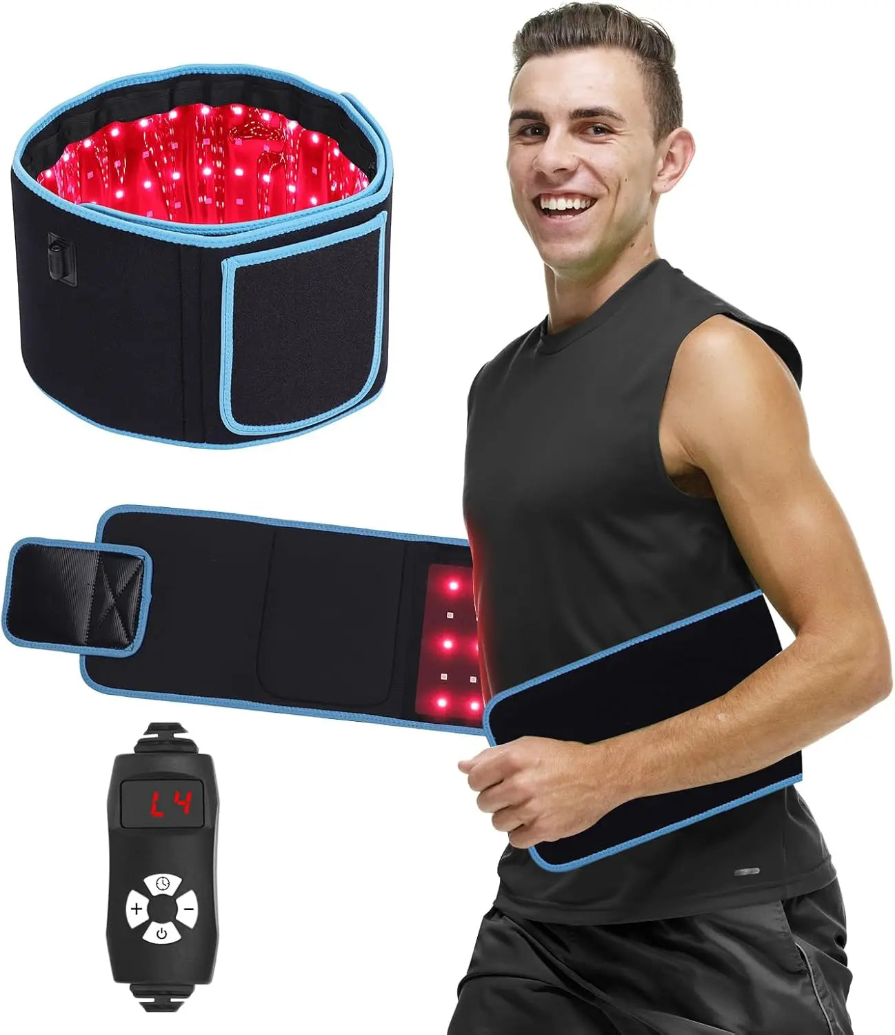 Man wearing a black LED waist wrap with red lights, accompanied by a remote control on a white background.