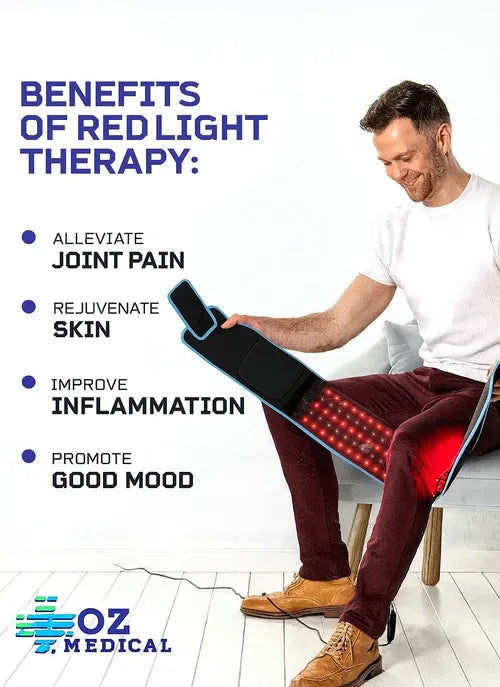 Person using a red light therapy device with text listing benefits on a white background, featuring OZ Medical branding.