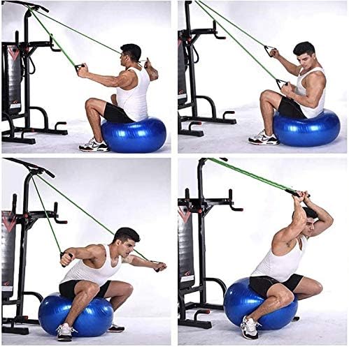 Man exercising on a blue exercise ball using resistance bands in a home gym setting.