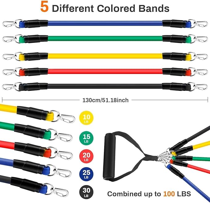 Set of resistance bands in various colors with labeled weight capacities on a white background.