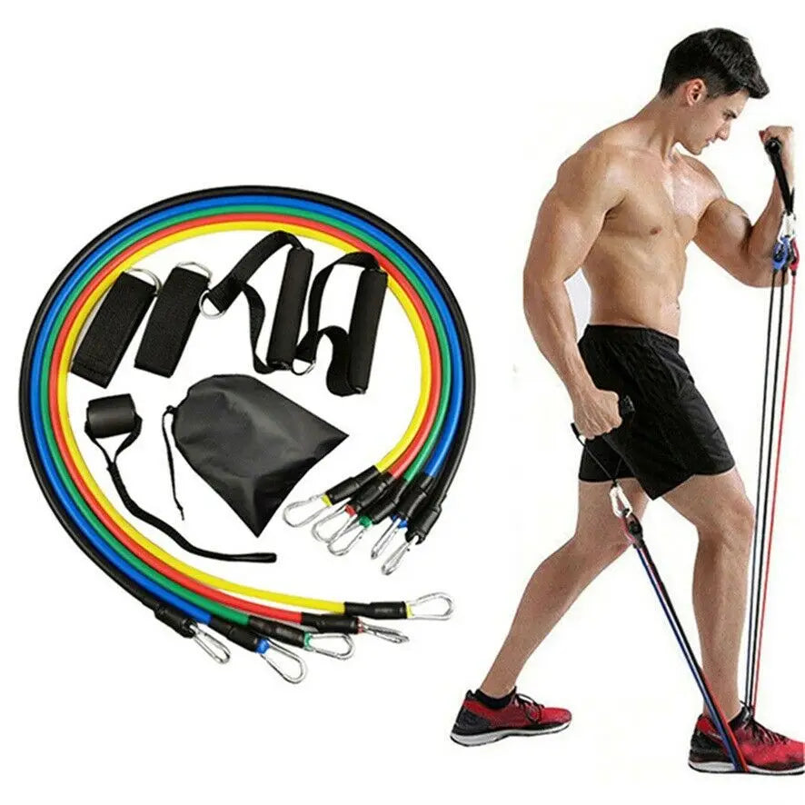 Resistance bands with a man using an exercise stick on a white background