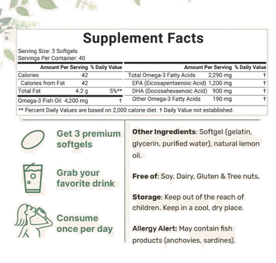 Supplement facts label with serving size, calories, and other nutritional information on a white background.