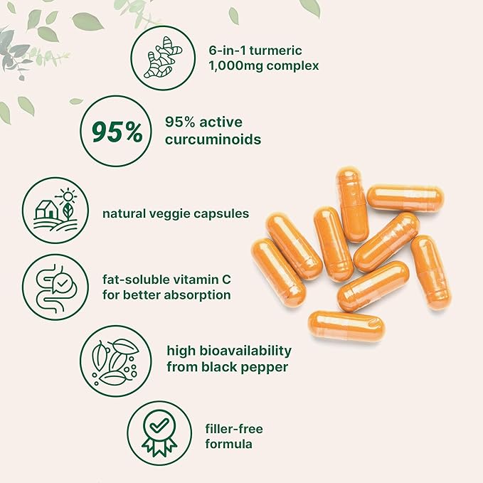 Orange capsules with health benefits listed on a white background