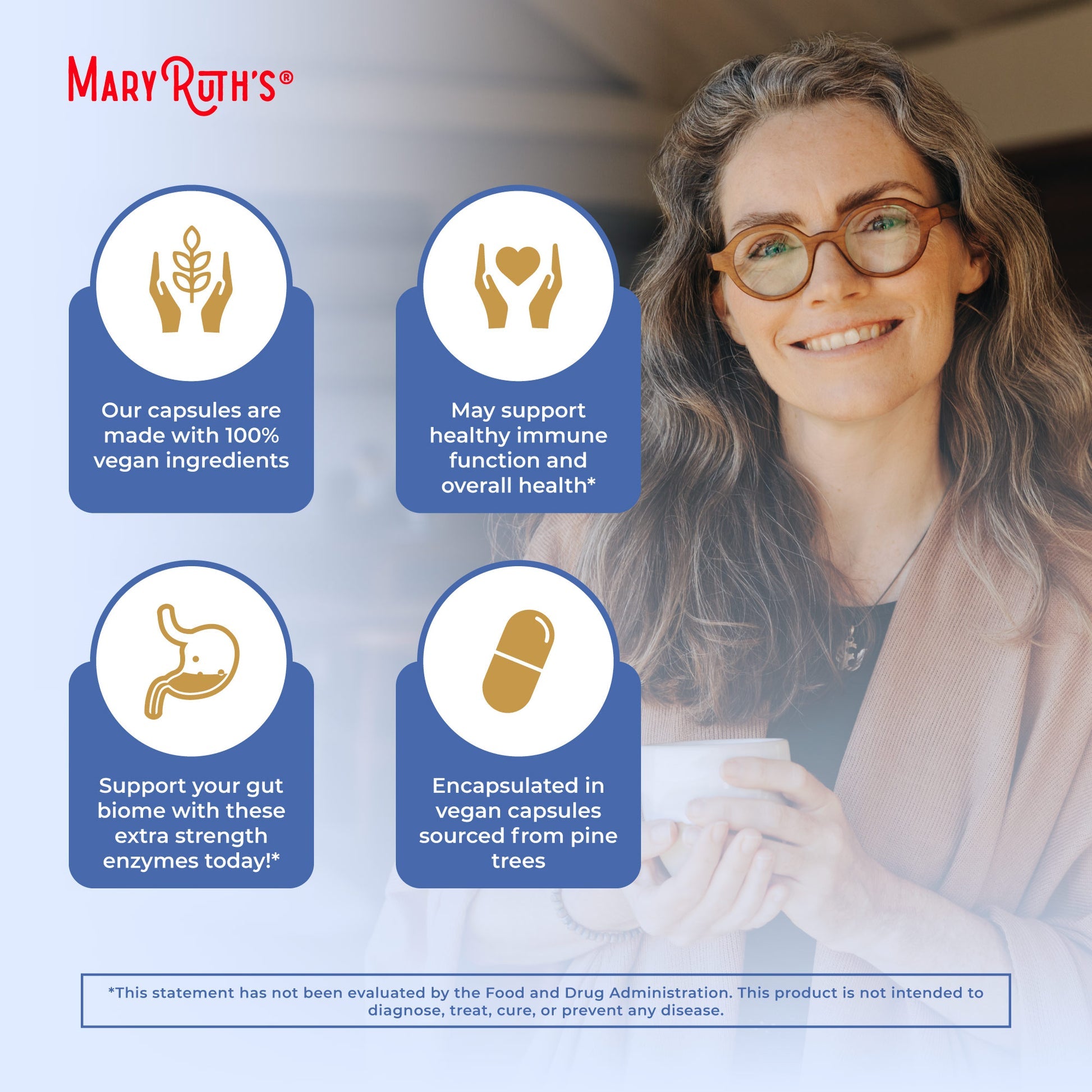Woman holding a cup with MaryRuth's product information on health benefits displayed.