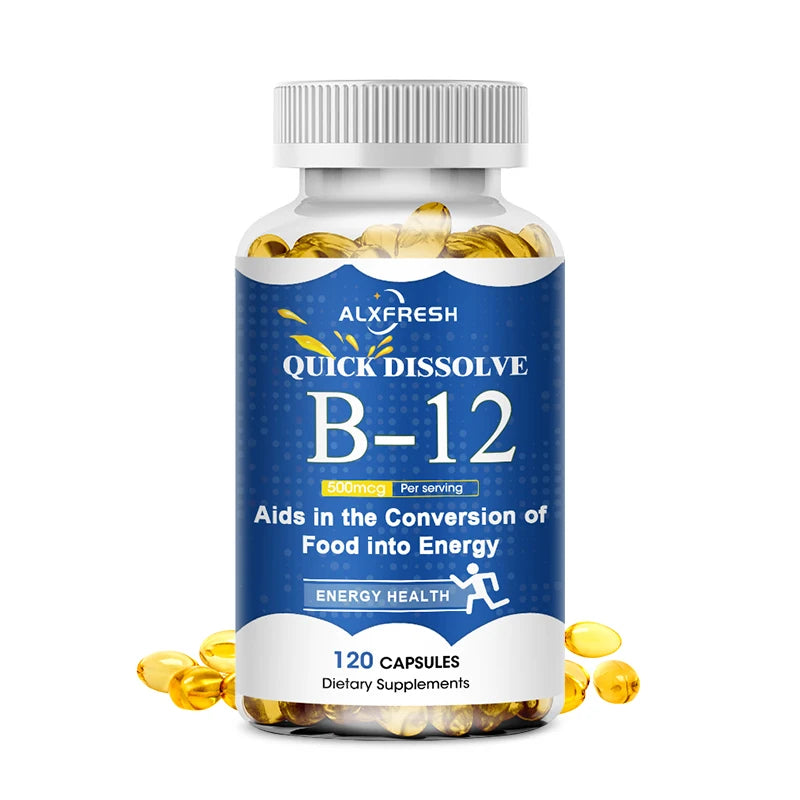 B-12 supplement bottle with blue label and white cap on a white background